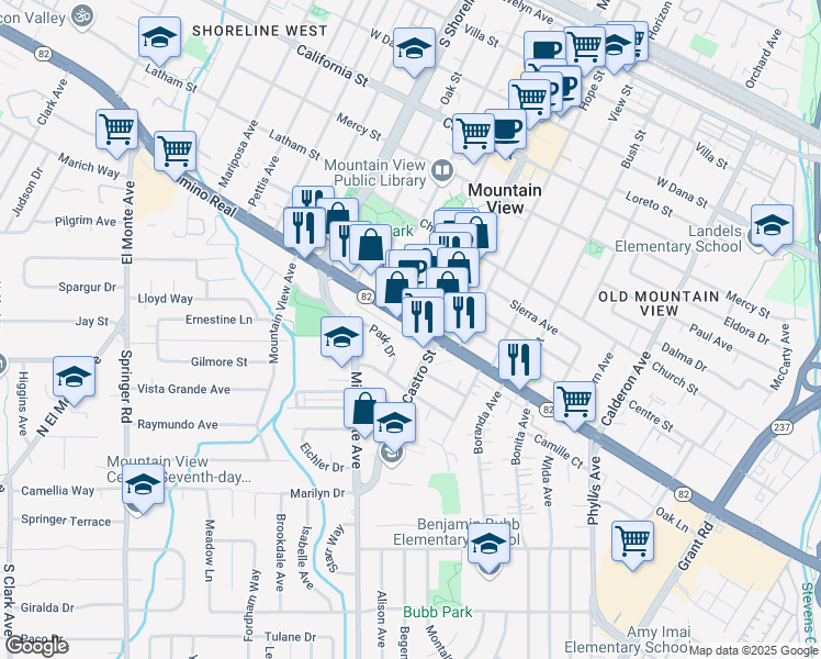 map of restaurants, bars, coffee shops, grocery stores, and more near 825 West El Camino Real in Mountain View