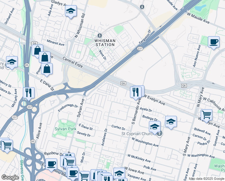 map of restaurants, bars, coffee shops, grocery stores, and more near 235 Hockney Avenue in Mountain View