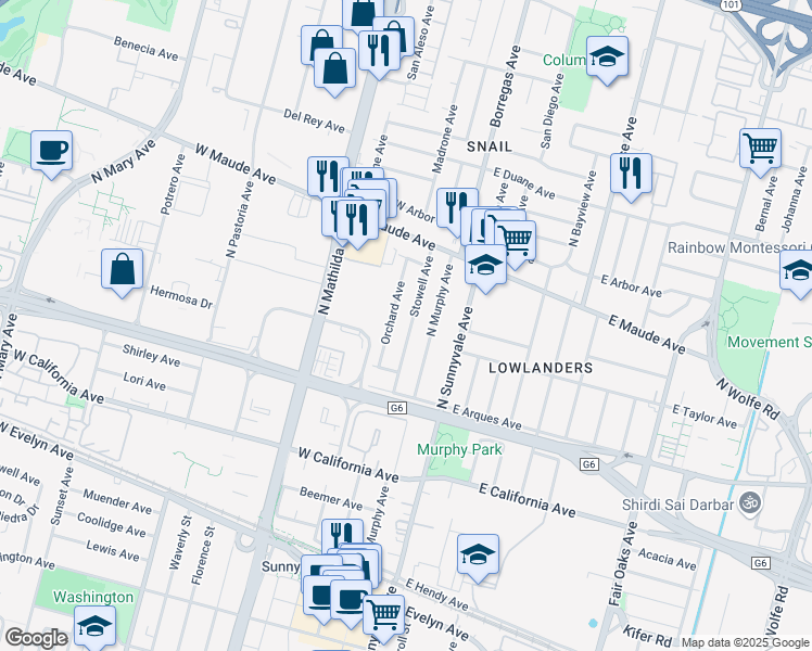 map of restaurants, bars, coffee shops, grocery stores, and more near 345 Stowell Avenue in Sunnyvale