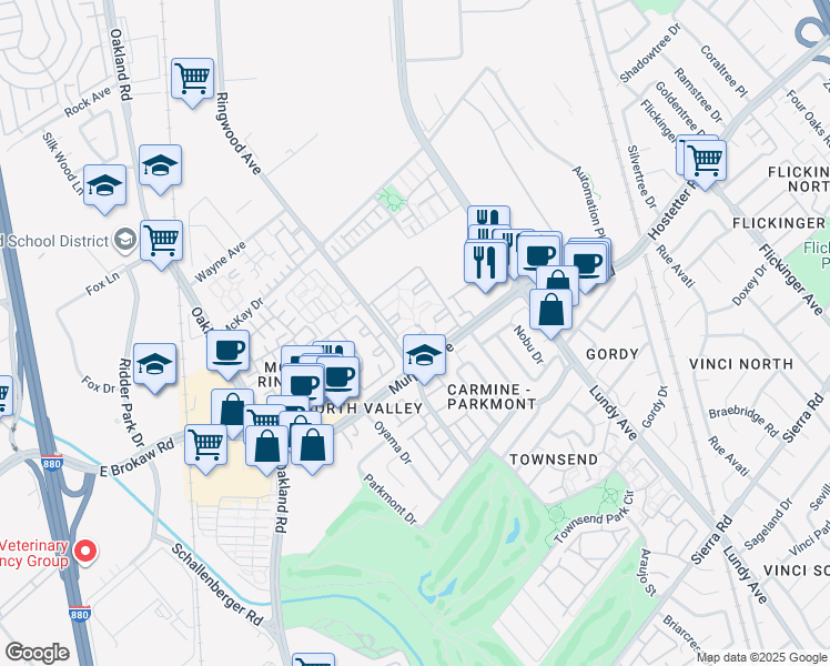 map of restaurants, bars, coffee shops, grocery stores, and more near 1451 Whitewood Court in San Jose