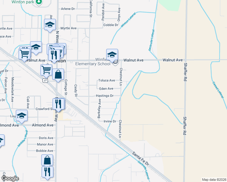 map of restaurants, bars, coffee shops, grocery stores, and more near 6555 Eden Avenue in Winton