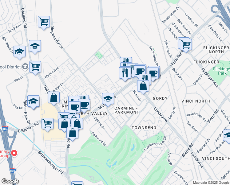 map of restaurants, bars, coffee shops, grocery stores, and more near 375 Woodmeadow Lane in San Jose