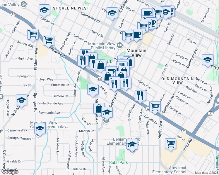 map of restaurants, bars, coffee shops, grocery stores, and more near 825 West El Camino Real in Mountain View