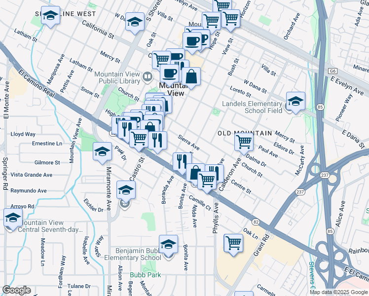 map of restaurants, bars, coffee shops, grocery stores, and more near 560 Yosemite Avenue in Mountain View