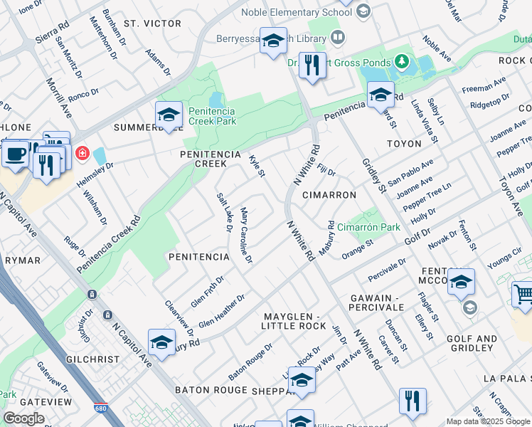 map of restaurants, bars, coffee shops, grocery stores, and more near 3007 Crystal Creek Drive in San Jose
