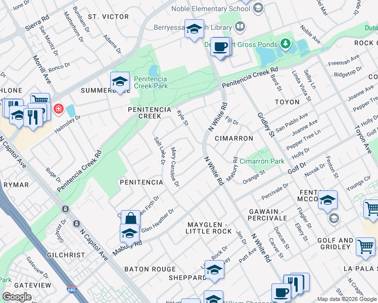 map of restaurants, bars, coffee shops, grocery stores, and more near 3007 Crystal Creek Drive in San Jose