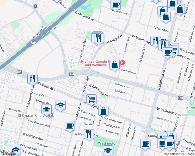 map of restaurants, bars, coffee shops, grocery stores, and more near 975 La Mesa Terrace in Sunnyvale