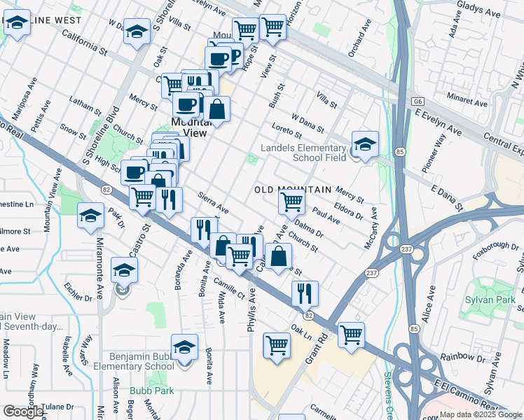 map of restaurants, bars, coffee shops, grocery stores, and more near 326 Church Street in Mountain View