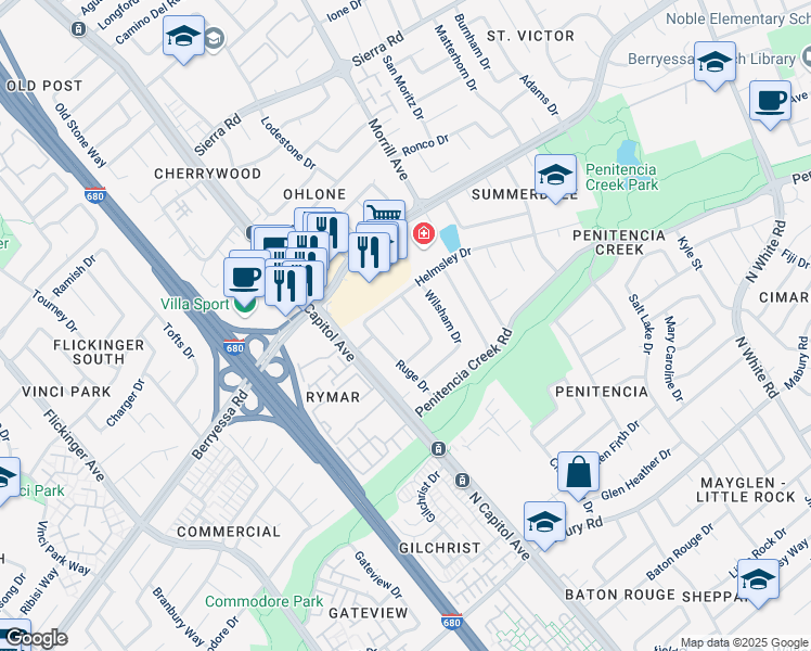 map of restaurants, bars, coffee shops, grocery stores, and more near 1066 Fairbrook Court in San Jose