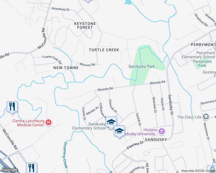 map of restaurants, bars, coffee shops, grocery stores, and more near 5909 Rhonda Road in Lynchburg