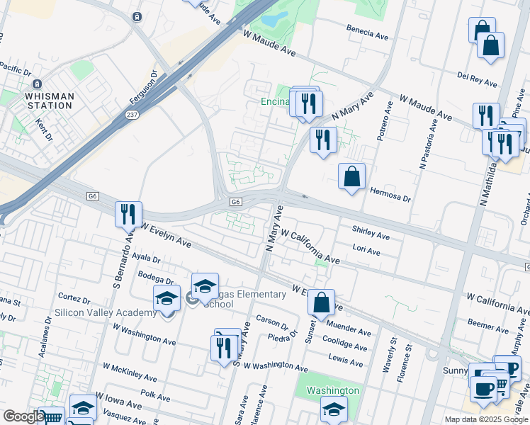 map of restaurants, bars, coffee shops, grocery stores, and more near 1024 Chula Vista Terrace in Sunnyvale