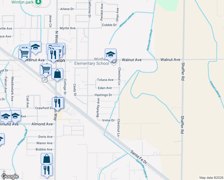map of restaurants, bars, coffee shops, grocery stores, and more near 6555 Eden Avenue in Winton