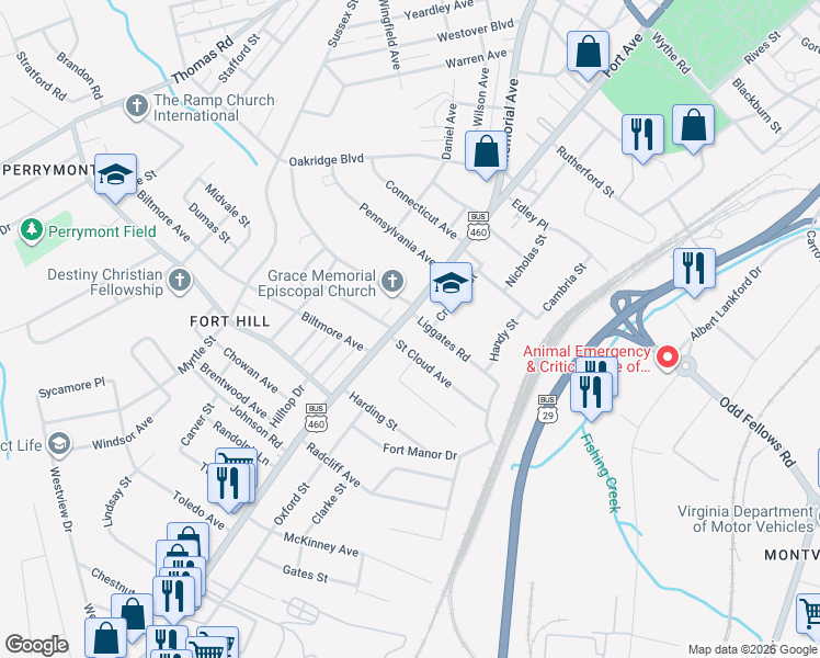 map of restaurants, bars, coffee shops, grocery stores, and more near 4104 Fort Avenue in Lynchburg