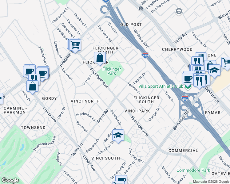map of restaurants, bars, coffee shops, grocery stores, and more near 2004 Wizard Court in San Jose
