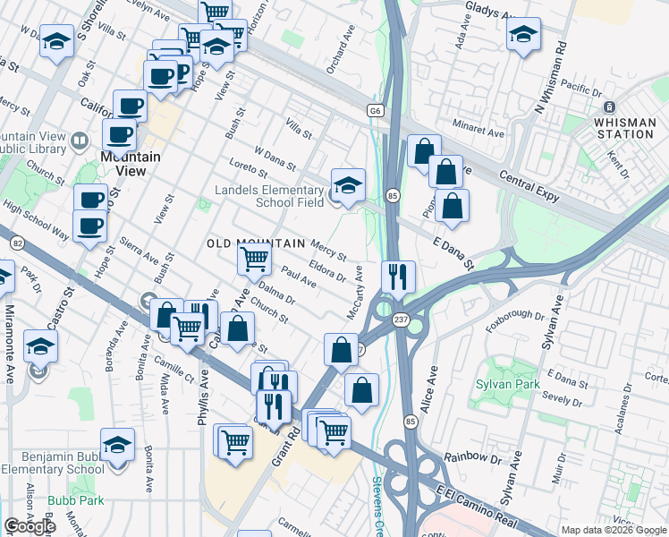 map of restaurants, bars, coffee shops, grocery stores, and more near 78 Eldora Drive in Mountain View