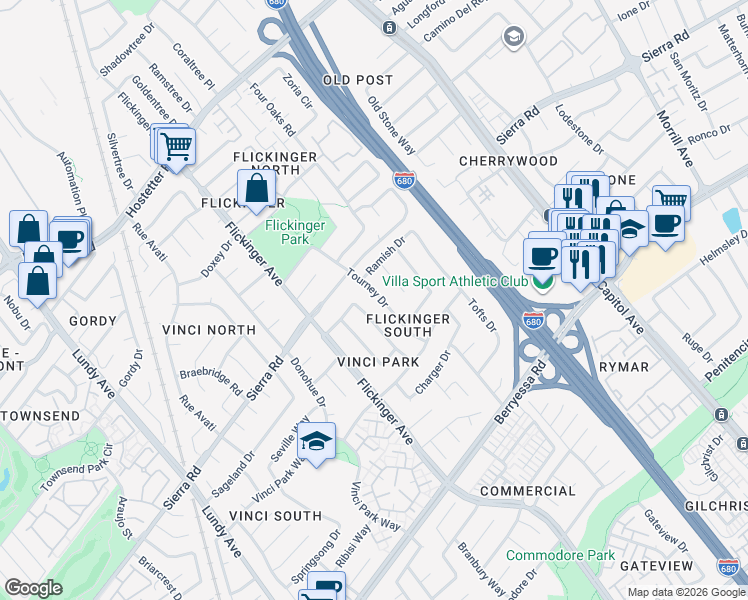 map of restaurants, bars, coffee shops, grocery stores, and more near 1351 Tourney Dr in San Jose