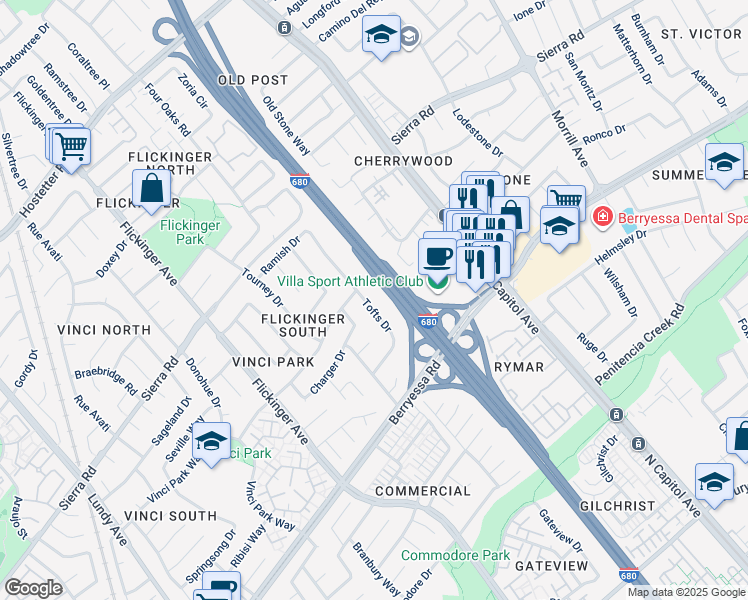 map of restaurants, bars, coffee shops, grocery stores, and more near 1266 Tofts Drive in San Jose