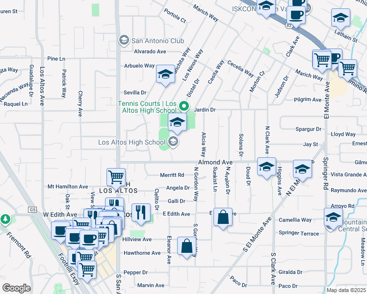map of restaurants, bars, coffee shops, grocery stores, and more near 201 Almond Avenue in Los Altos
