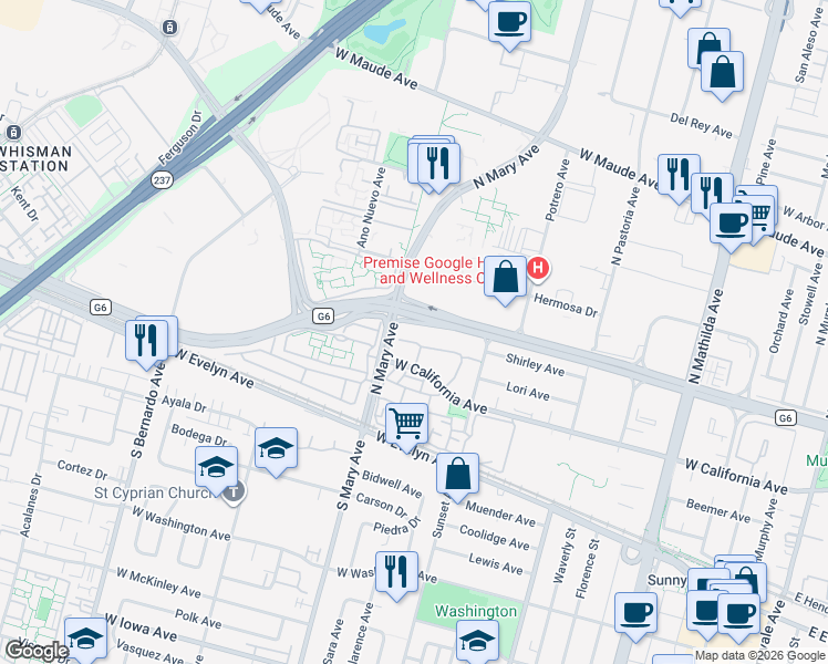 map of restaurants, bars, coffee shops, grocery stores, and more near 991 La Mesa Terrace in Sunnyvale