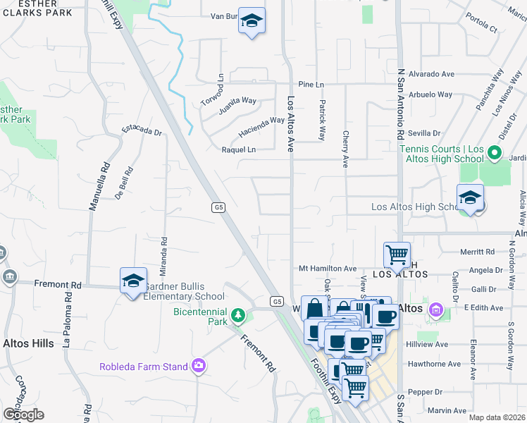 map of restaurants, bars, coffee shops, grocery stores, and more near 375 Chamisal Avenue in Los Altos