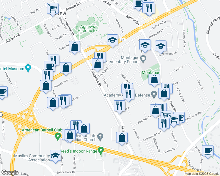 map of restaurants, bars, coffee shops, grocery stores, and more near 1023 Laurie Avenue in Santa Clara