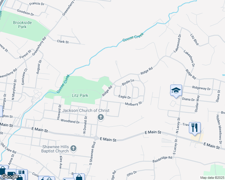 map of restaurants, bars, coffee shops, grocery stores, and more near 817 Eagle Drive in Jackson