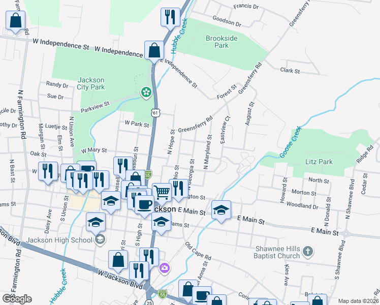 map of restaurants, bars, coffee shops, grocery stores, and more near 501 North Georgia Street in Jackson
