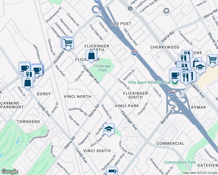 map of restaurants, bars, coffee shops, grocery stores, and more near 2004 Wizard Court in San Jose