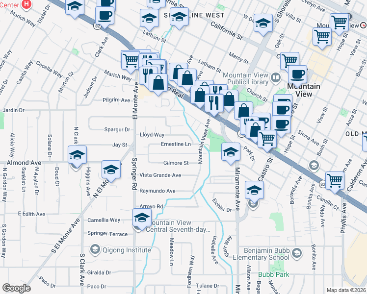 map of restaurants, bars, coffee shops, grocery stores, and more near 1453 Ernestine Lane in Mountain View