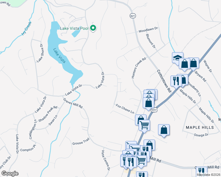 map of restaurants, bars, coffee shops, grocery stores, and more near 1237 Sleepy Oak Lane in Forest