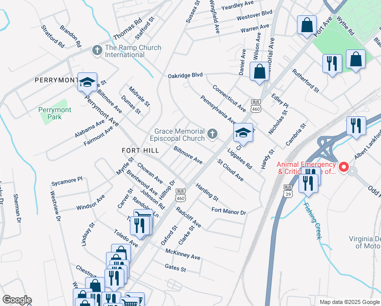 map of restaurants, bars, coffee shops, grocery stores, and more near 1012 Biltmore Avenue in Lynchburg