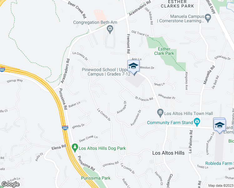 map of restaurants, bars, coffee shops, grocery stores, and more near 26585 Anacapa Drive in Los Altos Hills