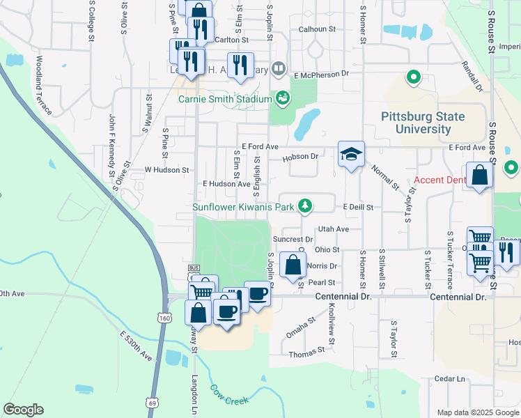map of restaurants, bars, coffee shops, grocery stores, and more near 2010 South Joplin Street in Pittsburg