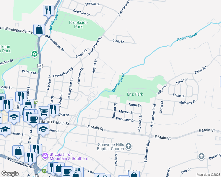 map of restaurants, bars, coffee shops, grocery stores, and more near 601 Odus Drive in Jackson