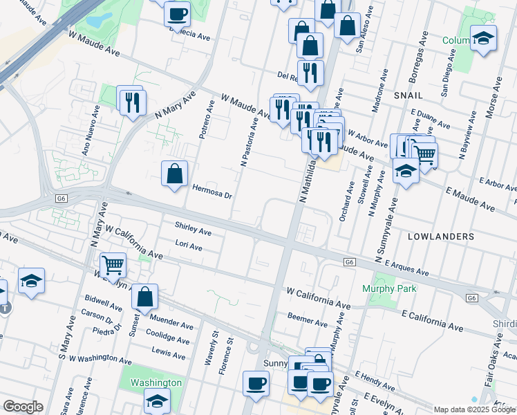 map of restaurants, bars, coffee shops, grocery stores, and more near 321 Soquel Way in Sunnyvale