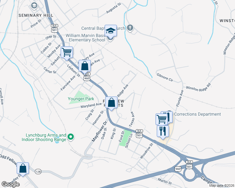 map of restaurants, bars, coffee shops, grocery stores, and more near 2005 Ridge Avenue in Lynchburg