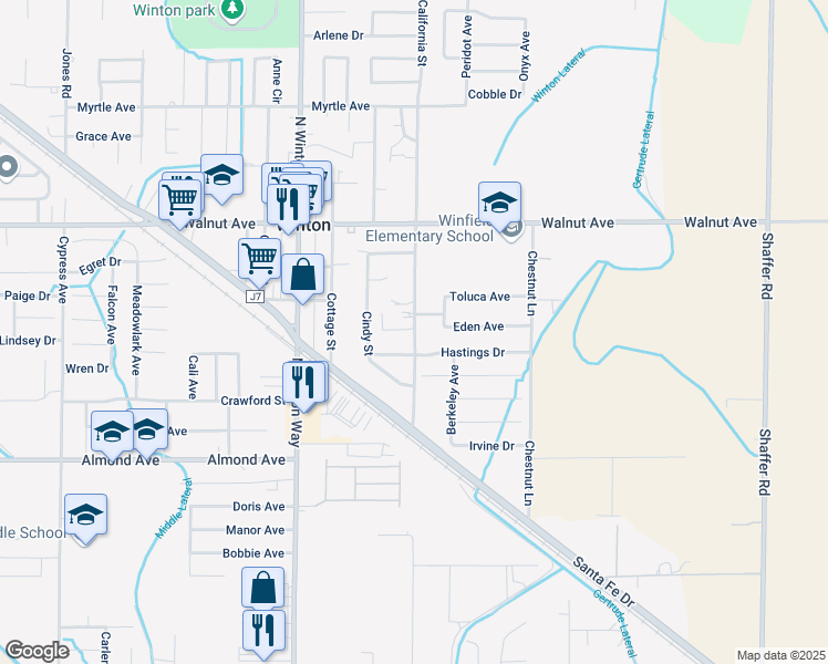 map of restaurants, bars, coffee shops, grocery stores, and more near 6760 California Street in Winton