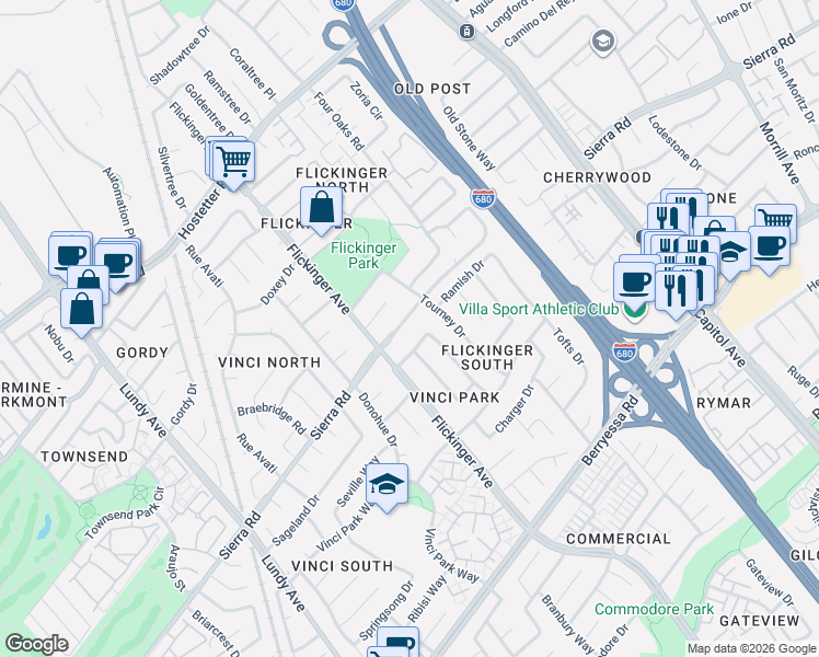 map of restaurants, bars, coffee shops, grocery stores, and more near 2050 Sierra Road in San Jose