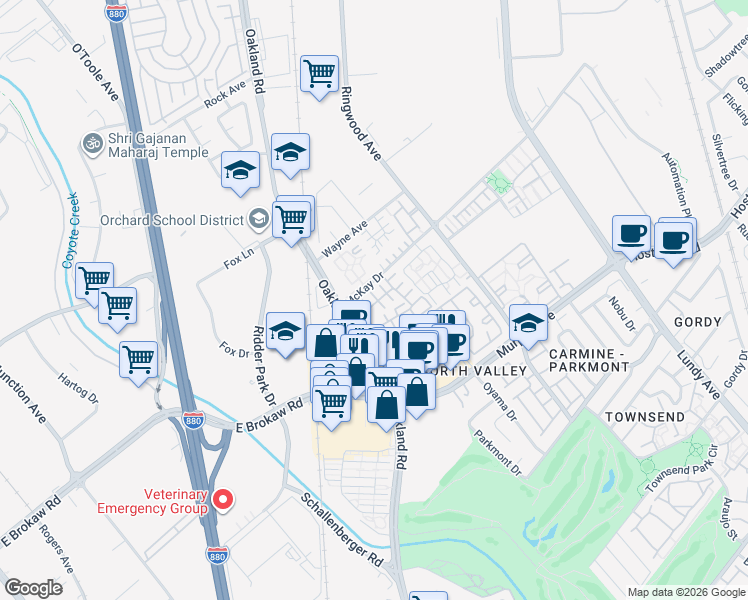 map of restaurants, bars, coffee shops, grocery stores, and more near 1858 Elk Grove Landing in San Jose