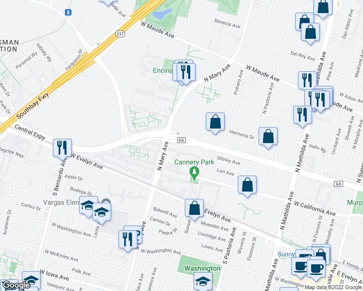 map of restaurants, bars, coffee shops, grocery stores, and more near 975 La Mesa Terrace in Sunnyvale