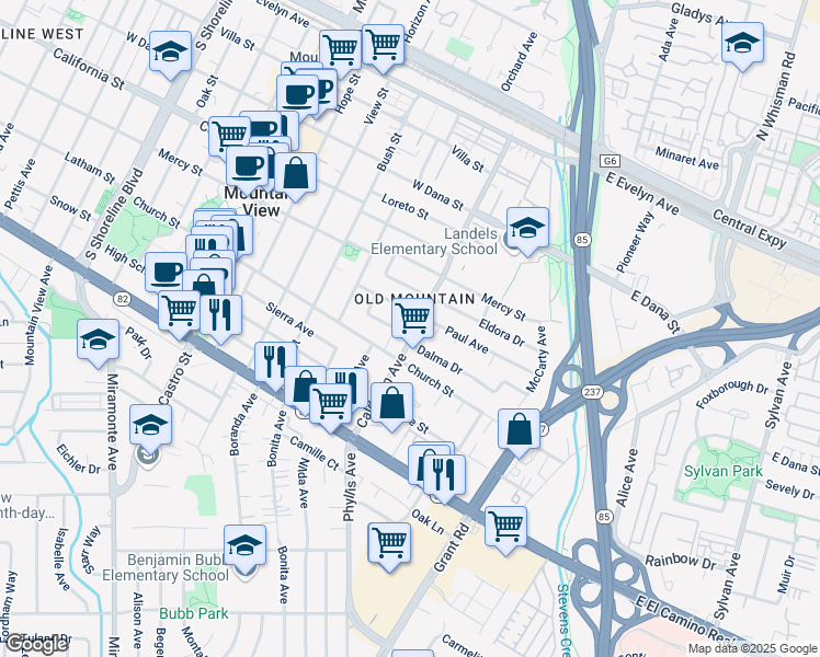 map of restaurants, bars, coffee shops, grocery stores, and more near 273 Jessie Lane in Mountain View