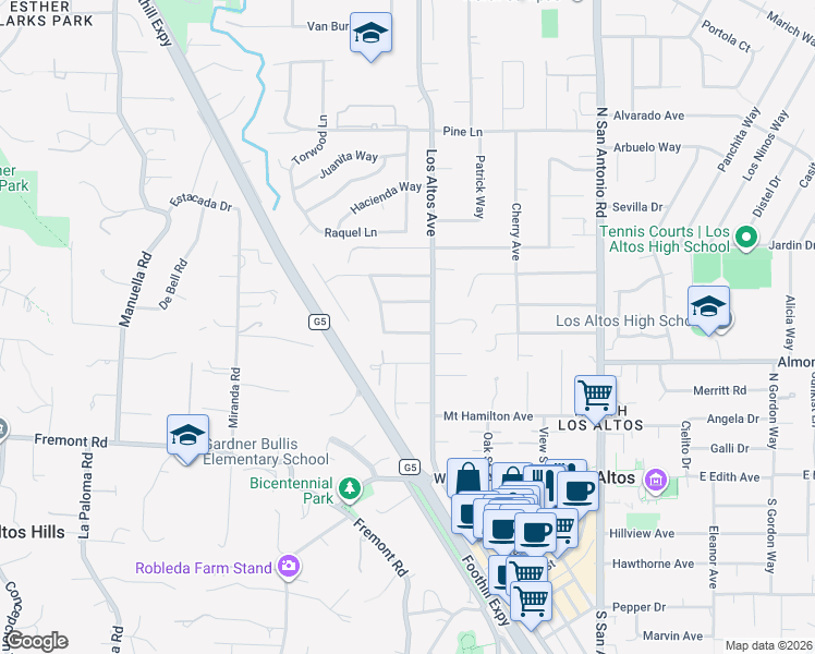map of restaurants, bars, coffee shops, grocery stores, and more near 375 Chamisal Avenue in Los Altos