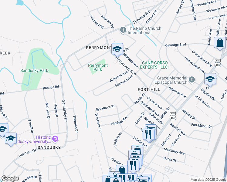 map of restaurants, bars, coffee shops, grocery stores, and more near 4614 Fairmont Avenue in Lynchburg