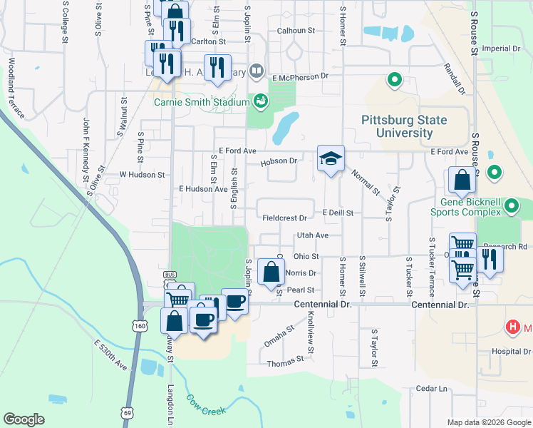 map of restaurants, bars, coffee shops, grocery stores, and more near 411 Fieldcrest Drive in Pittsburg