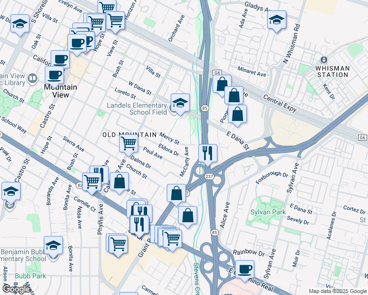 map of restaurants, bars, coffee shops, grocery stores, and more near 23 Mercy Street in Mountain View