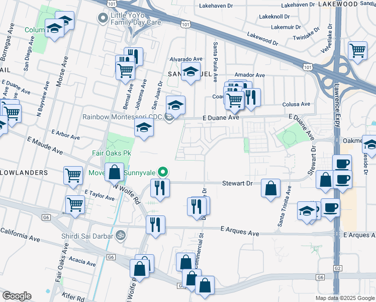 map of restaurants, bars, coffee shops, grocery stores, and more near 818 Gridley Terrace in Sunnyvale
