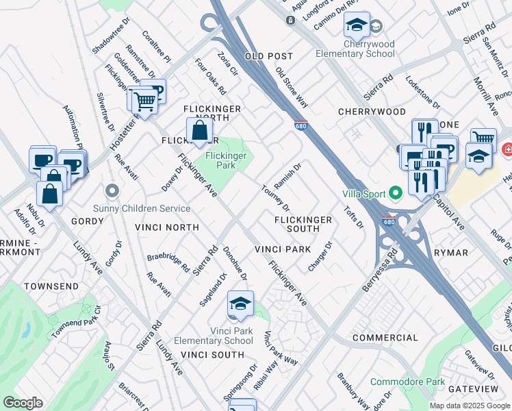 map of restaurants, bars, coffee shops, grocery stores, and more near 2050 Sierra Road in San Jose