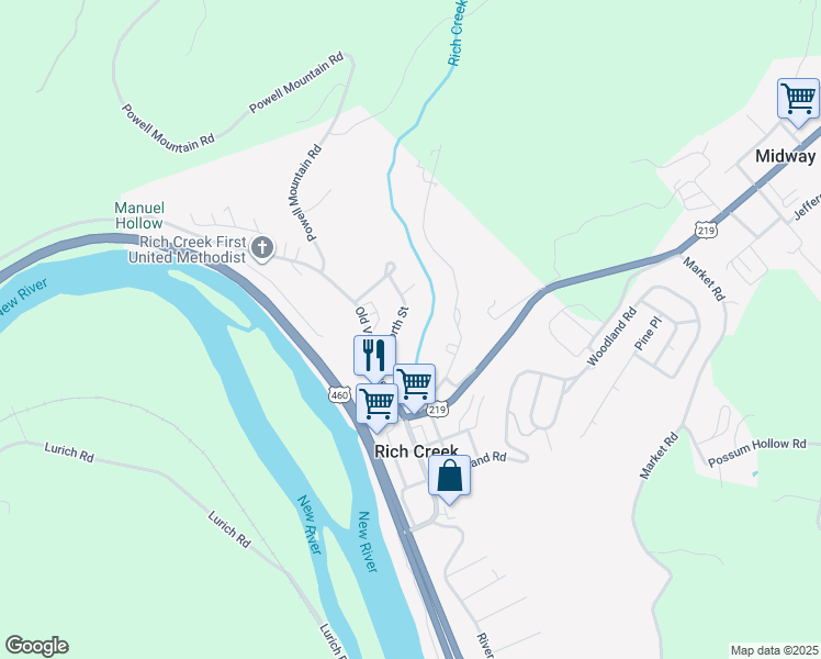 map of restaurants, bars, coffee shops, grocery stores, and more near 106 North Street in Rich Creek