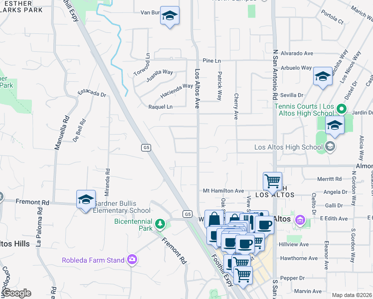 map of restaurants, bars, coffee shops, grocery stores, and more near 375 Chamisal Avenue in Los Altos
