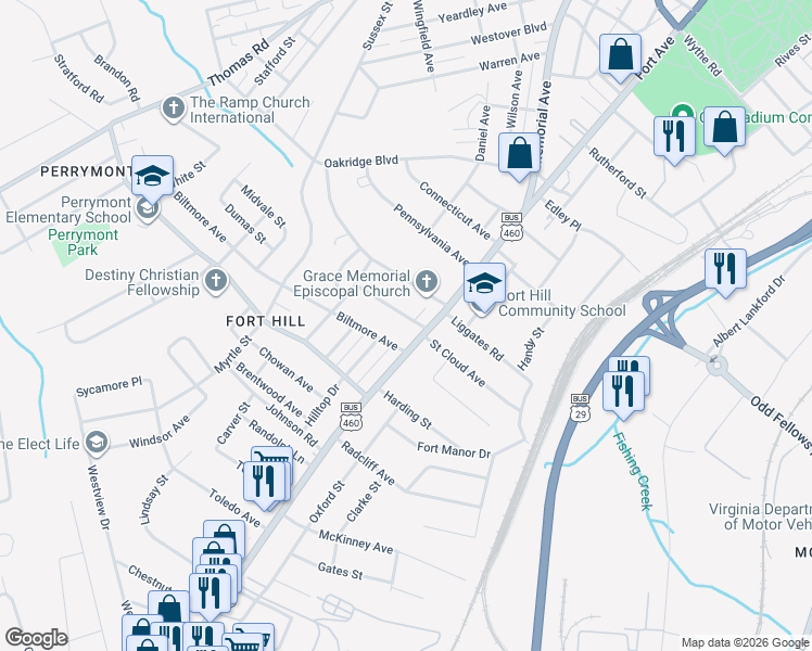 map of restaurants, bars, coffee shops, grocery stores, and more near 1137 Rhode Island Avenue in Lynchburg